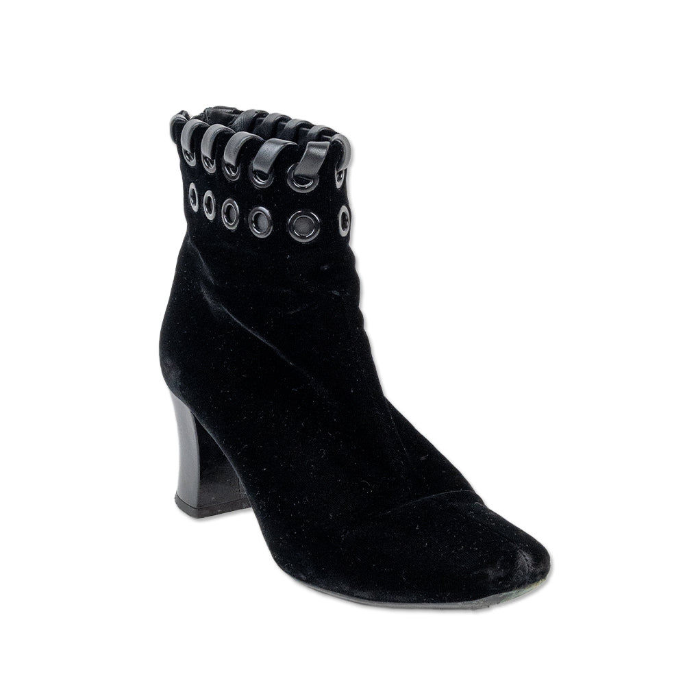 Fendi Black Velvet Ankle Boots with Leather Woven Accent