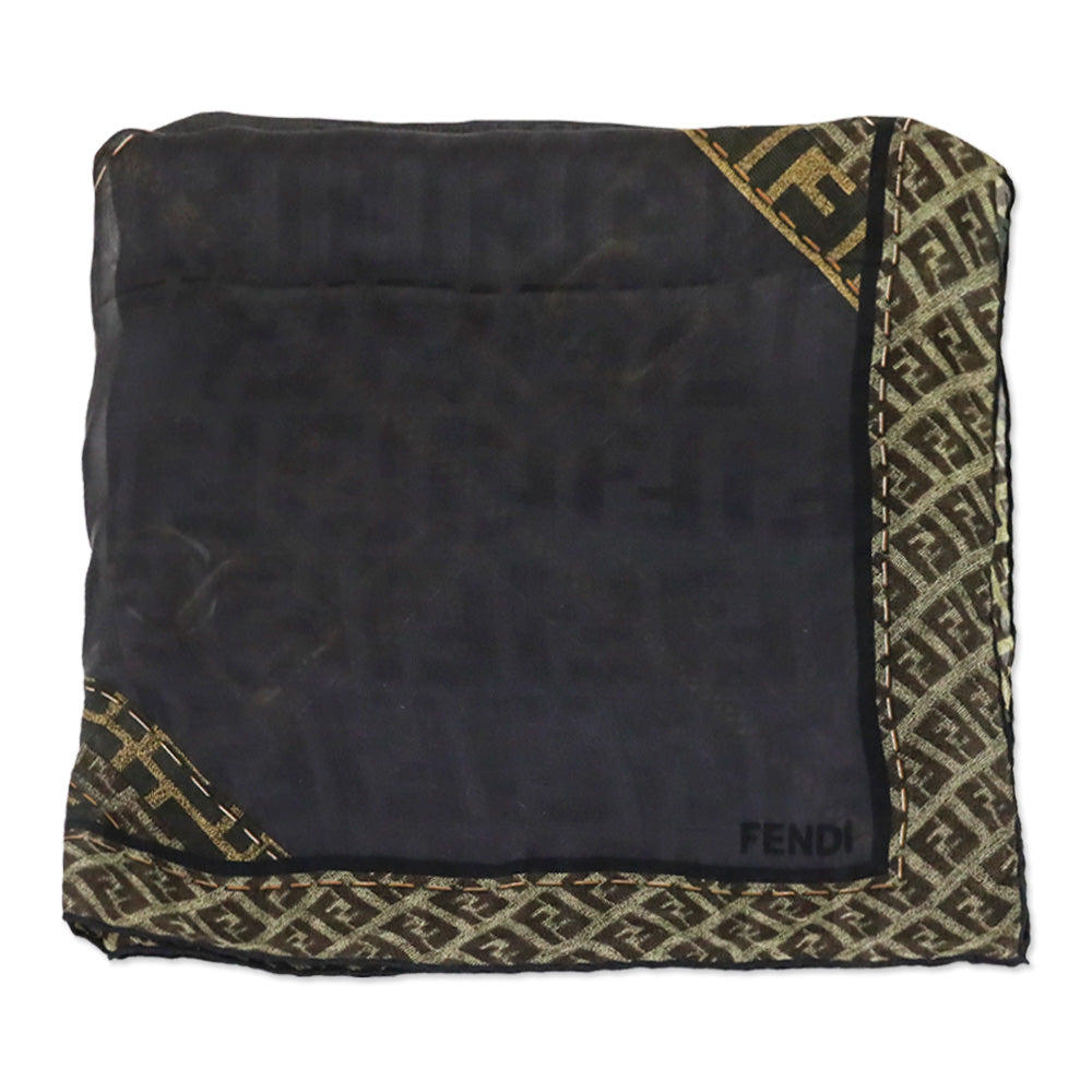 Fendi Black/Brown Monogram Zipper Printed Sheer Silk Small Square Scarf