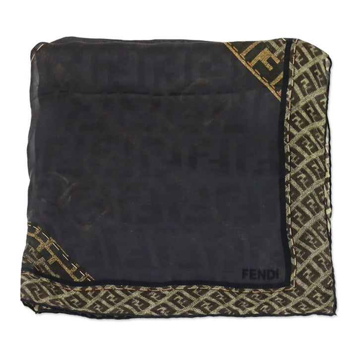 Fendi Black/Brown Monogram Zipper Printed Sheer Silk Small Square Scarf