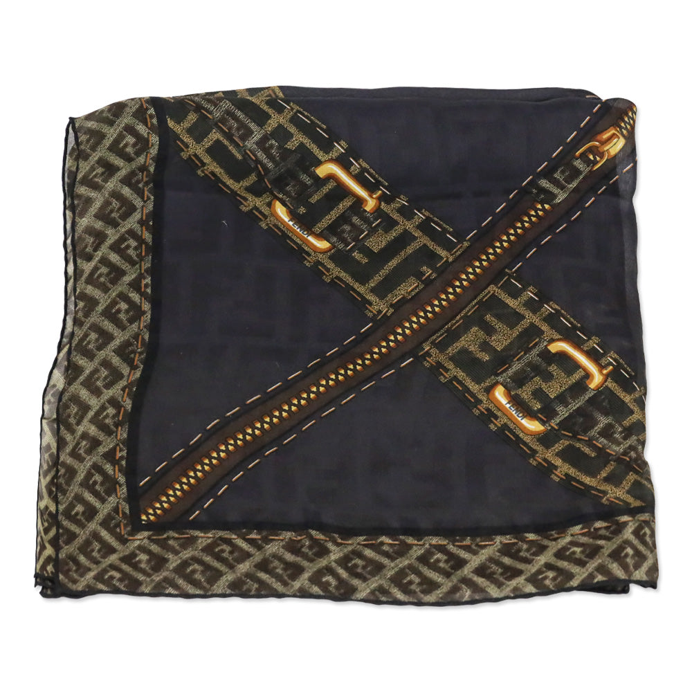 Fendi Black/Brown Monogram Zipper Printed Sheer Silk Small Square Scarf