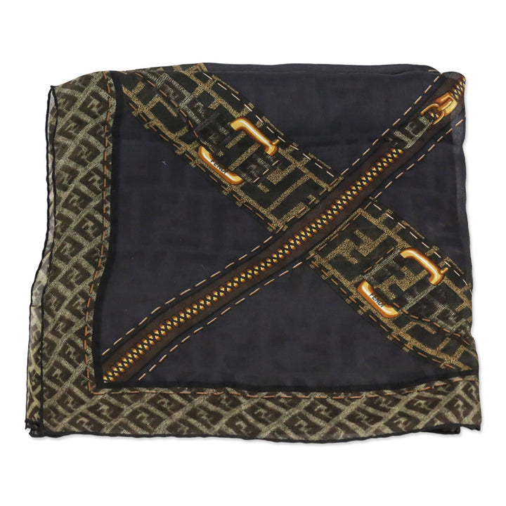 Fendi Black/Brown Monogram Zipper Printed Sheer Silk Small Square Scarf