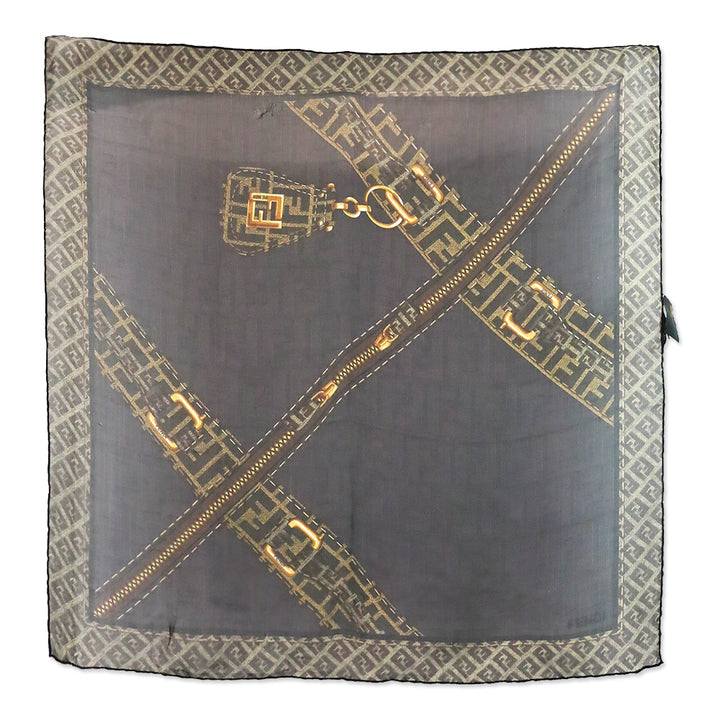 Fendi Black/Brown Monogram Zipper Printed Sheer Silk Small Square Scarf