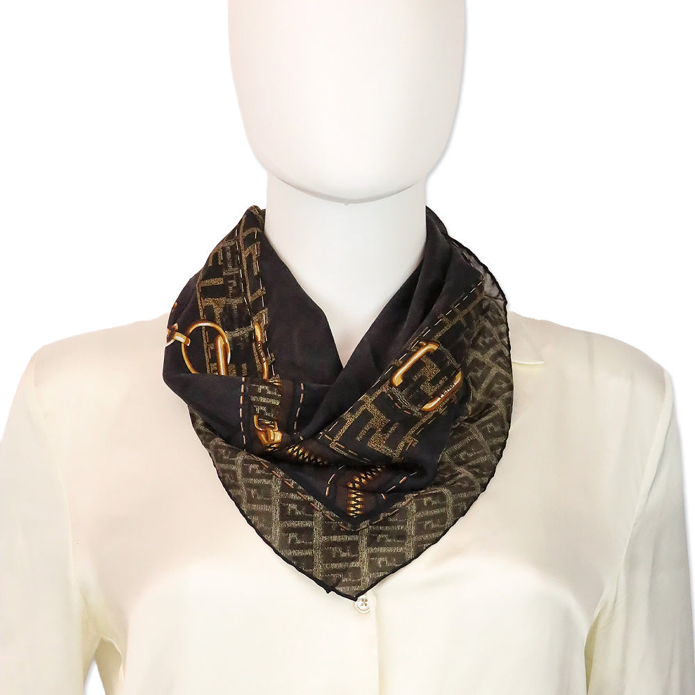 Fendi Black/Brown Monogram Zipper Printed Sheer Silk Small Square Scarf