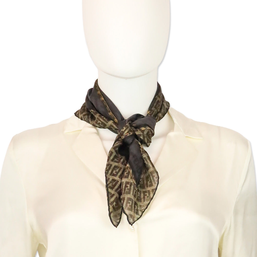 Fendi Black/Brown Monogram Zipper Printed Sheer Silk Small Square Scarf