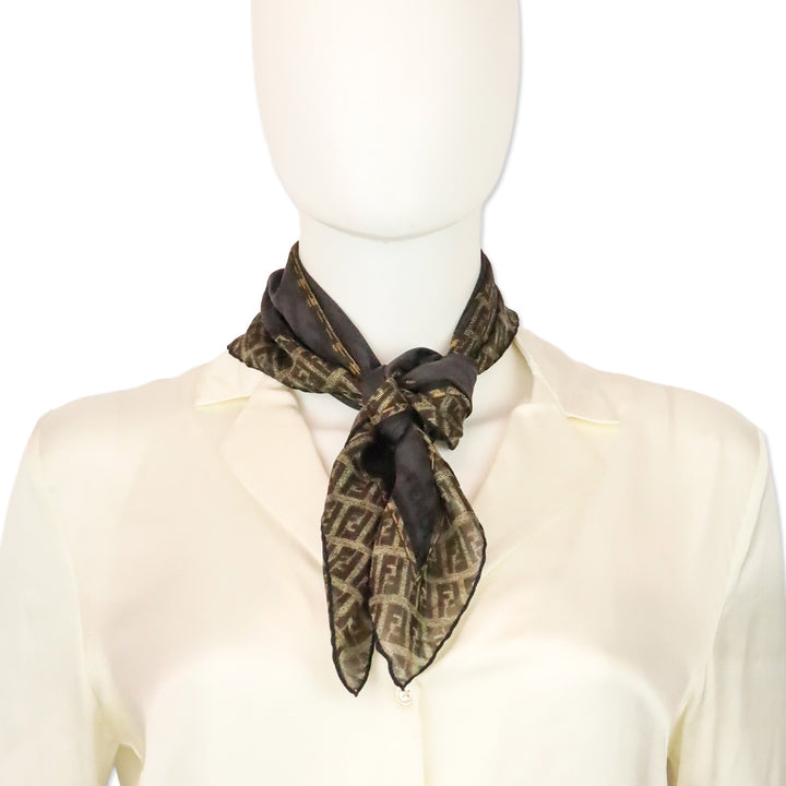 Fendi Black/Brown Monogram Zipper Printed Sheer Silk Small Square Scarf