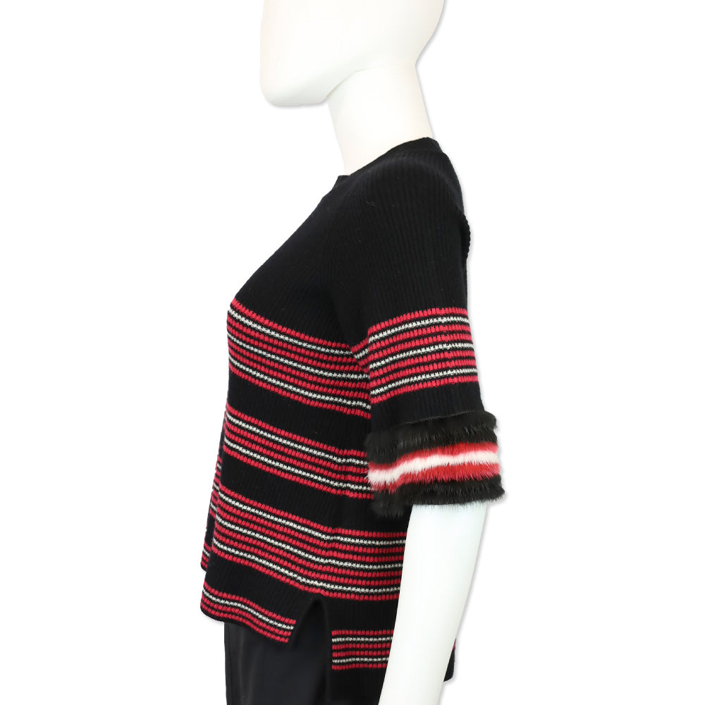 Fendi Black & Red Striped Wool-Blend Knit Mink Trim Sweater