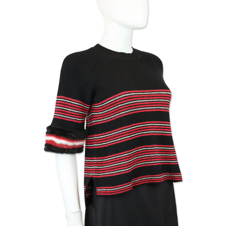 Fendi Black & Red Striped Wool-Blend Knit Mink Trim Sweater