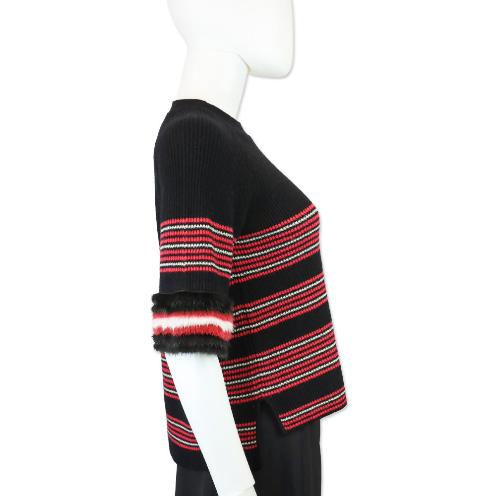 Fendi Black & Red Striped Wool-Blend Knit Mink Trim Sweater