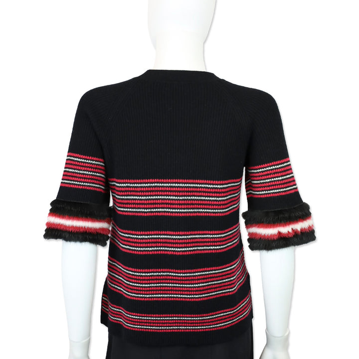 Fendi Black & Red Striped Wool-Blend Knit Mink Trim Sweater