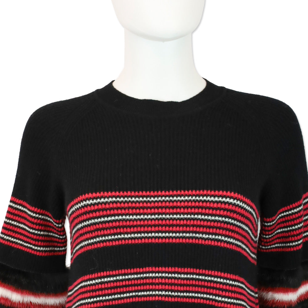 Fendi Black & Red Striped Wool-Blend Knit Mink Trim Sweater