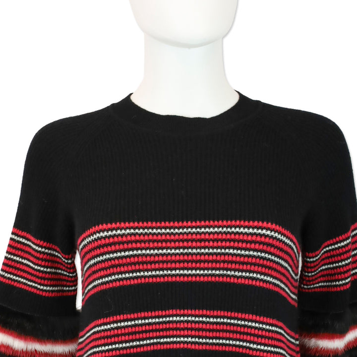 Fendi Black & Red Striped Wool-Blend Knit Mink Trim Sweater