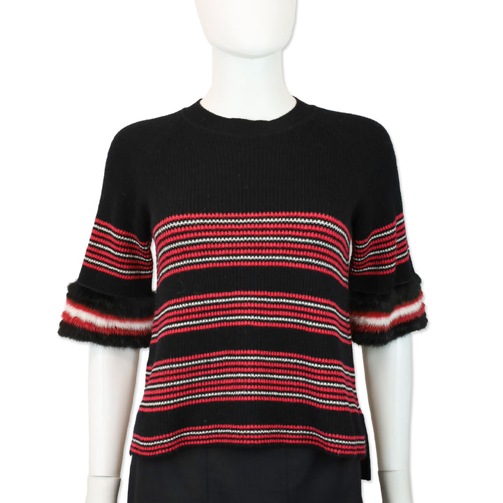 Fendi Black & Red Striped Wool-Blend Knit Mink Trim Sweater