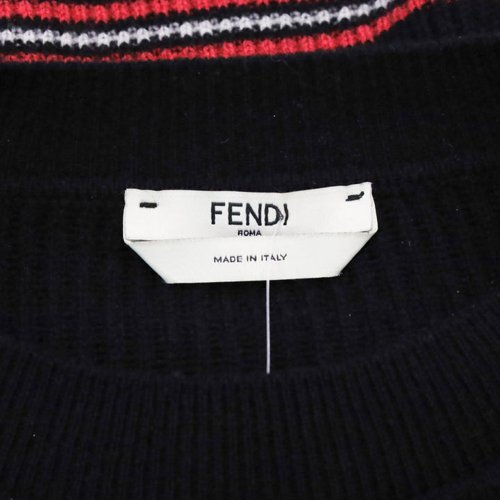 Fendi Black & Red Striped Wool-Blend Knit Mink Trim Sweater