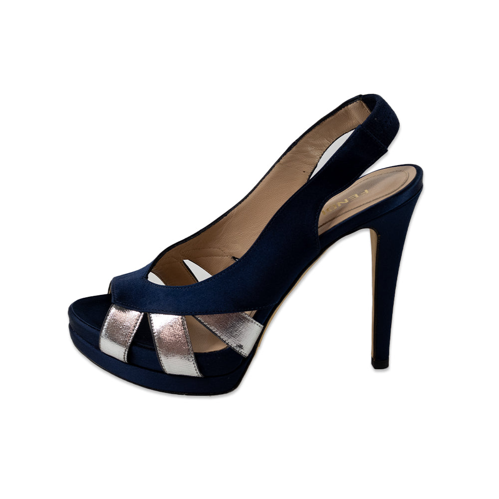 Fendi Blue Satin Open Toe Platform Heels