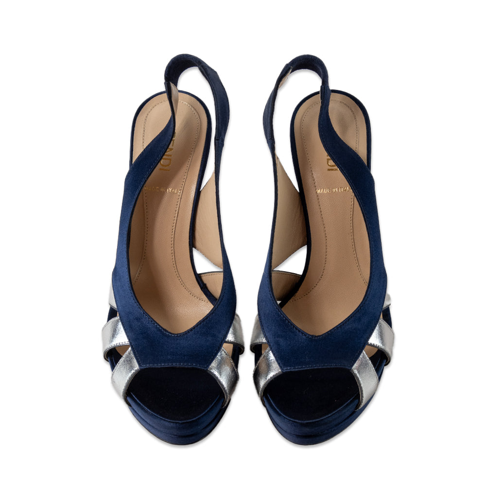 Fendi Blue Satin Open Toe Platform Heels