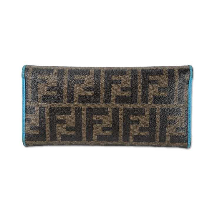 Fendi Brown Zucca Monogram Blue Trim Canvas Envelope Wallet