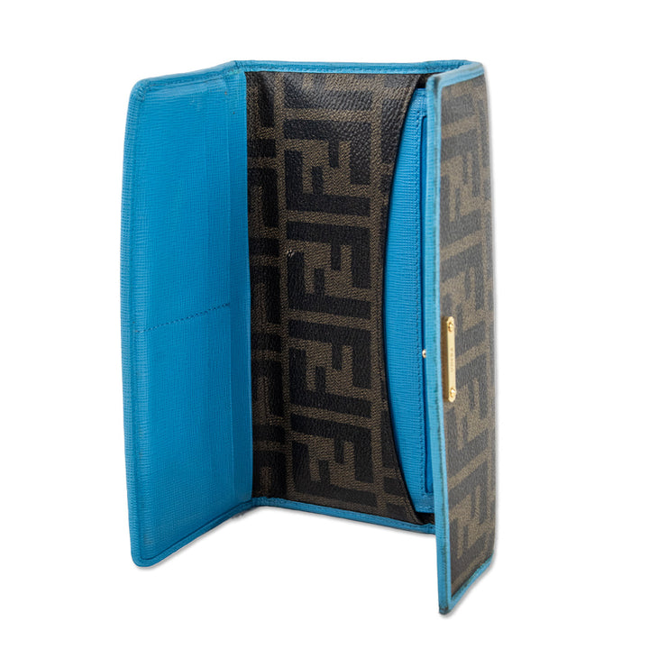 Fendi Brown Zucca Monogram Blue Trim Canvas Envelope Wallet