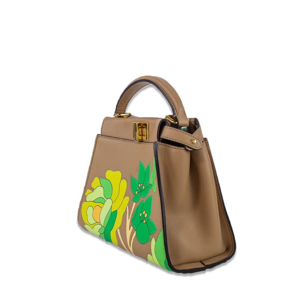 Fendi Brown Leather Floral Print Mini Peekaboo ISeeU Bag