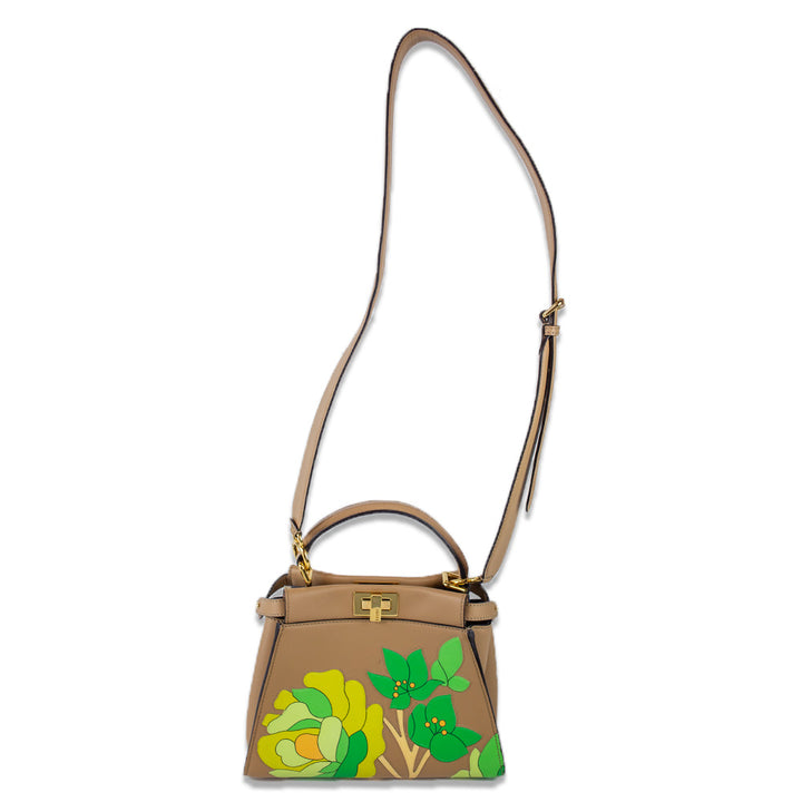 Fendi Brown Leather Floral Print Mini Peekaboo ISeeU Bag