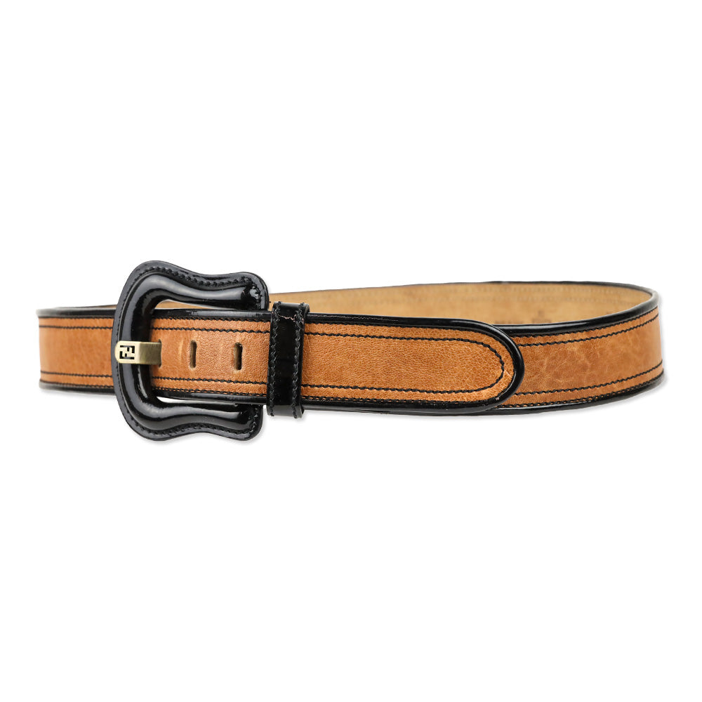 Fendi Brown Leather/Black Patent Trim Wide Belt