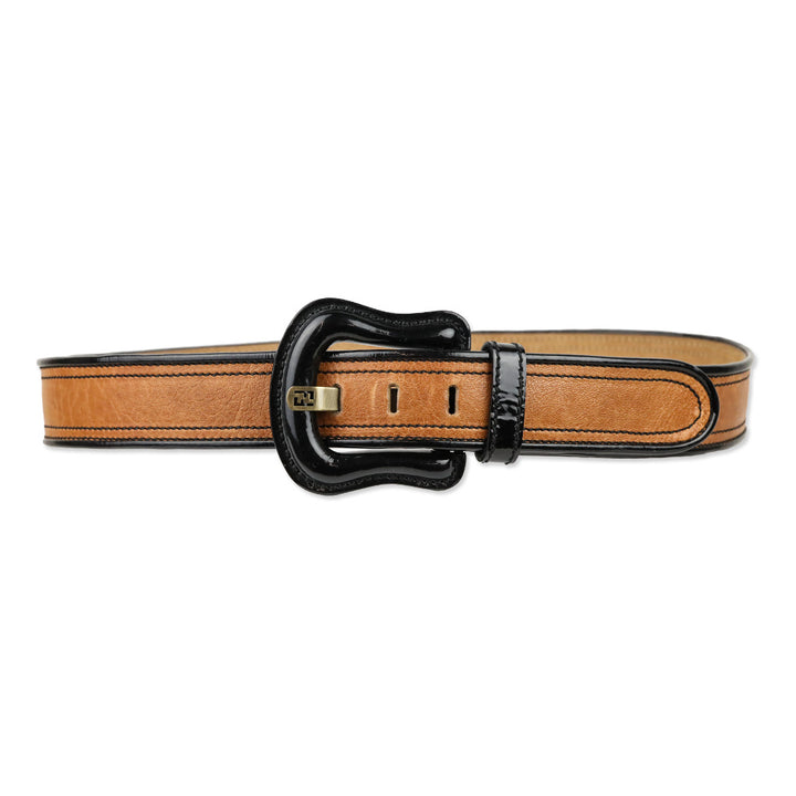 Fendi Brown Leather/Black Patent Trim Wide Belt