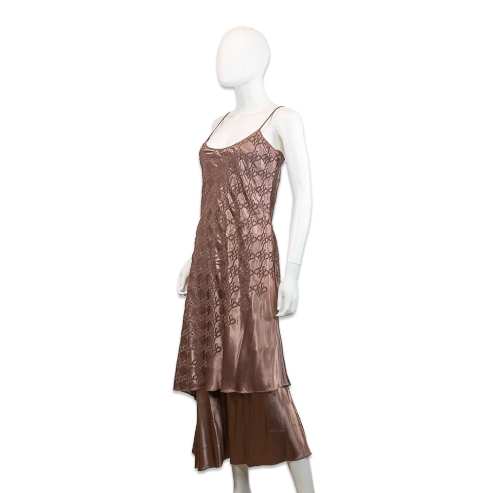 Fendi Brown Monogram Eyelet Silk Strappy Asymmetrical Layered Maxi Dress