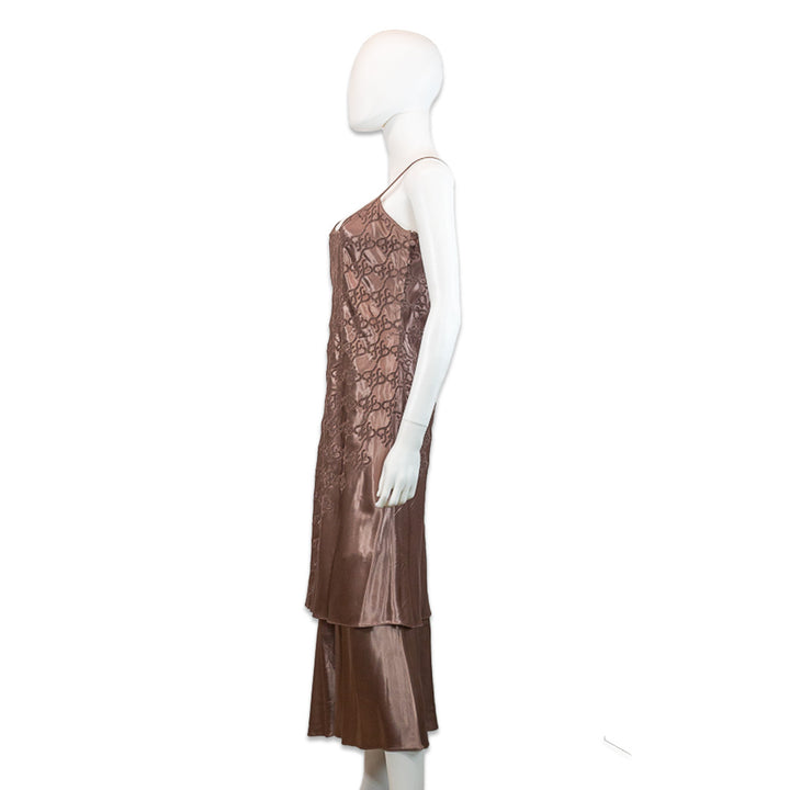 Fendi Brown Monogram Eyelet Silk Strappy Asymmetrical Layered Maxi Dress