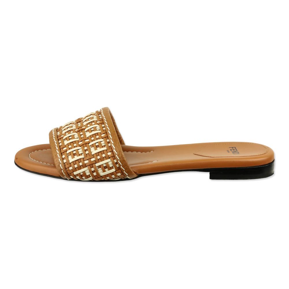 Fendi Brown/White Leather Woven FF Flat Sandals