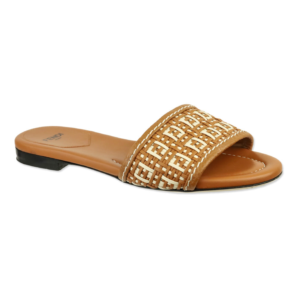 Fendi Brown/White Leather Woven FF Flat Sandals