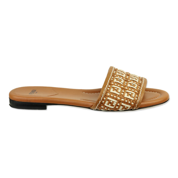 Fendi Brown/White Leather Woven FF Flat Sandals