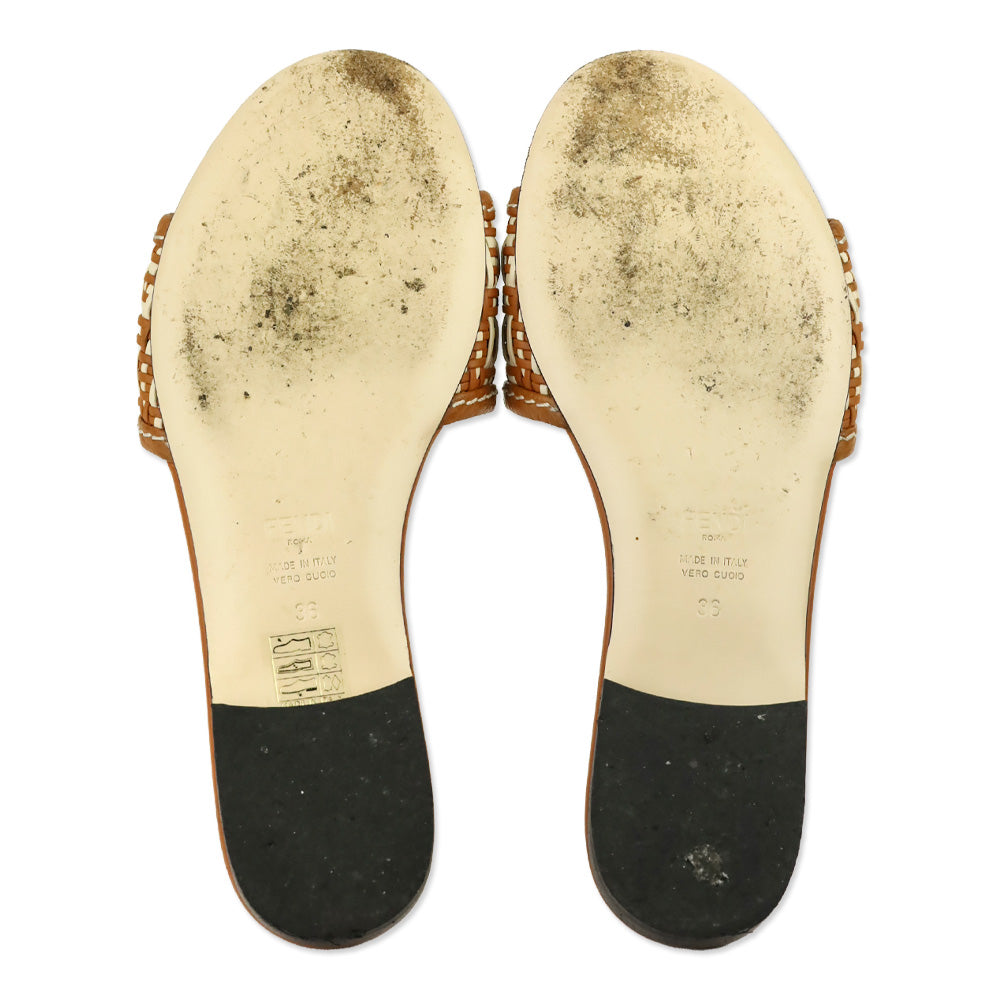 Fendi Brown/White Leather Woven FF Flat Sandals