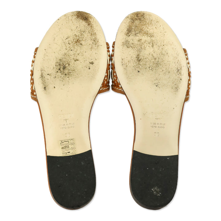 Fendi Brown/White Leather Woven FF Flat Sandals