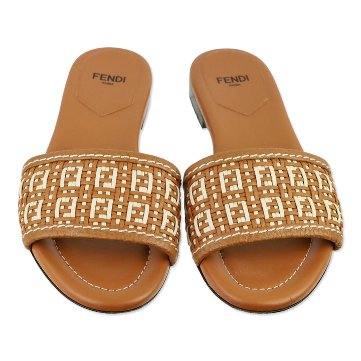 Fendi Brown/White Leather Woven FF Flat Sandals