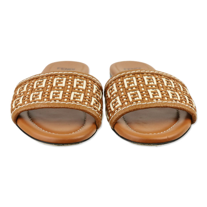 Fendi Brown/White Leather Woven FF Flat Sandals
