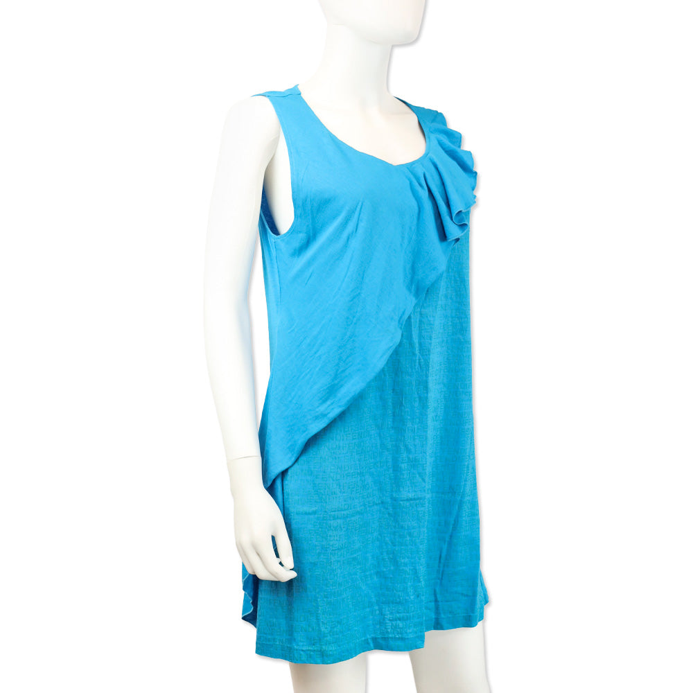 Fendi Celeste Blue Abitino Knit Jacquard Diagonal Ruffle Sleeveless Dress