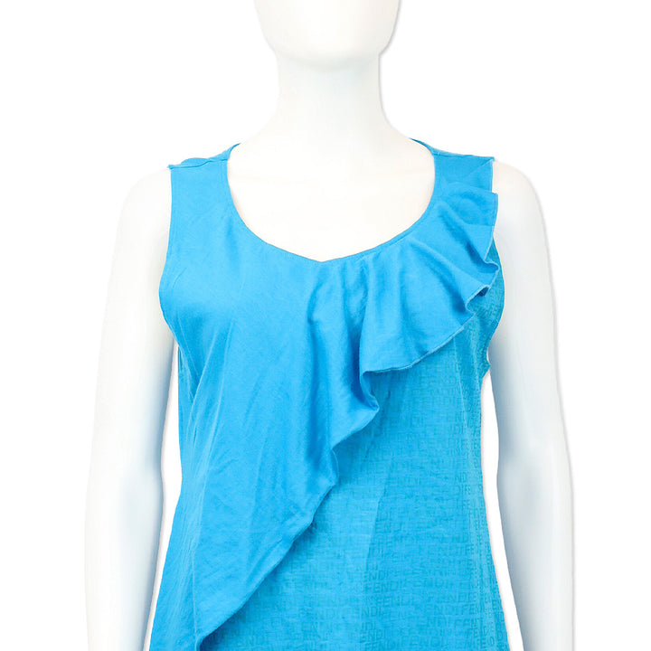 Fendi Celeste Blue Abitino Knit Jacquard Diagonal Ruffle Sleeveless Dress