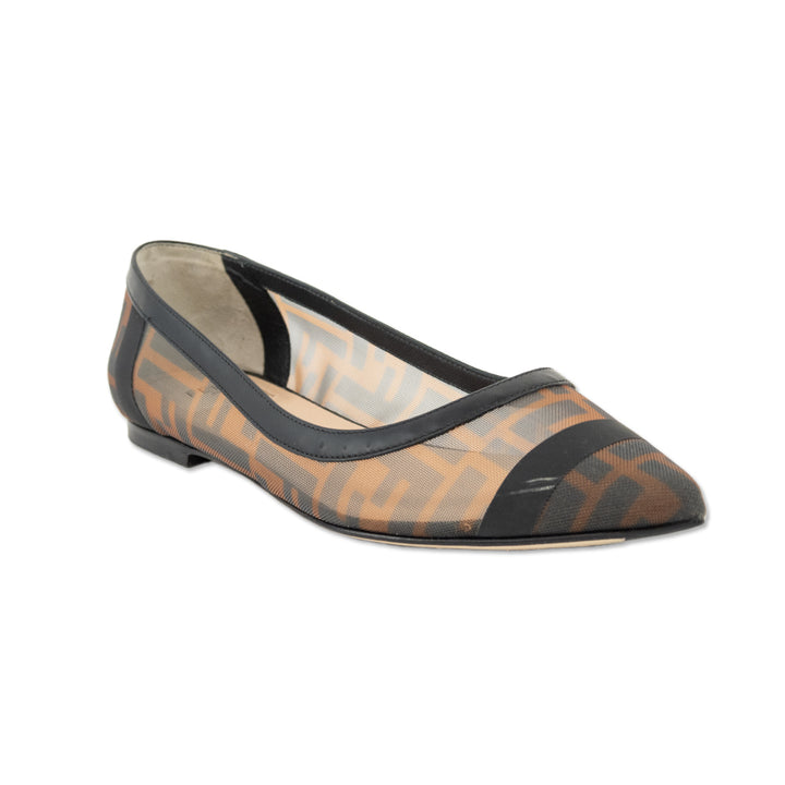 Fendi Colibrì Black Leather Brown FF Mesh Pointed Ballet Flats