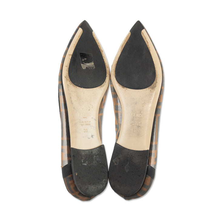 Fendi Colibrì Black Leather Brown FF Mesh Pointed Ballet Flats