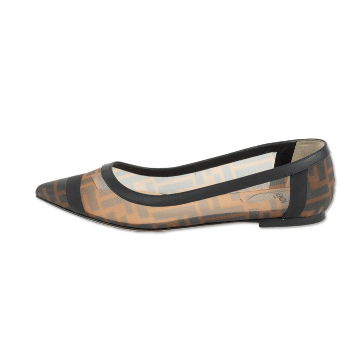 Fendi Colibrì Black Leather Brown FF Mesh Pointed Ballet Flats