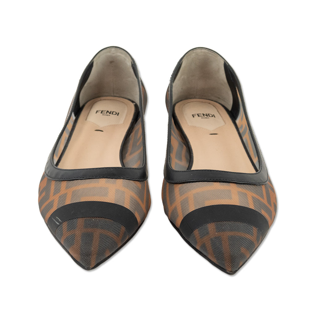 Fendi Colibrì Black Leather Brown FF Mesh Pointed Ballet Flats