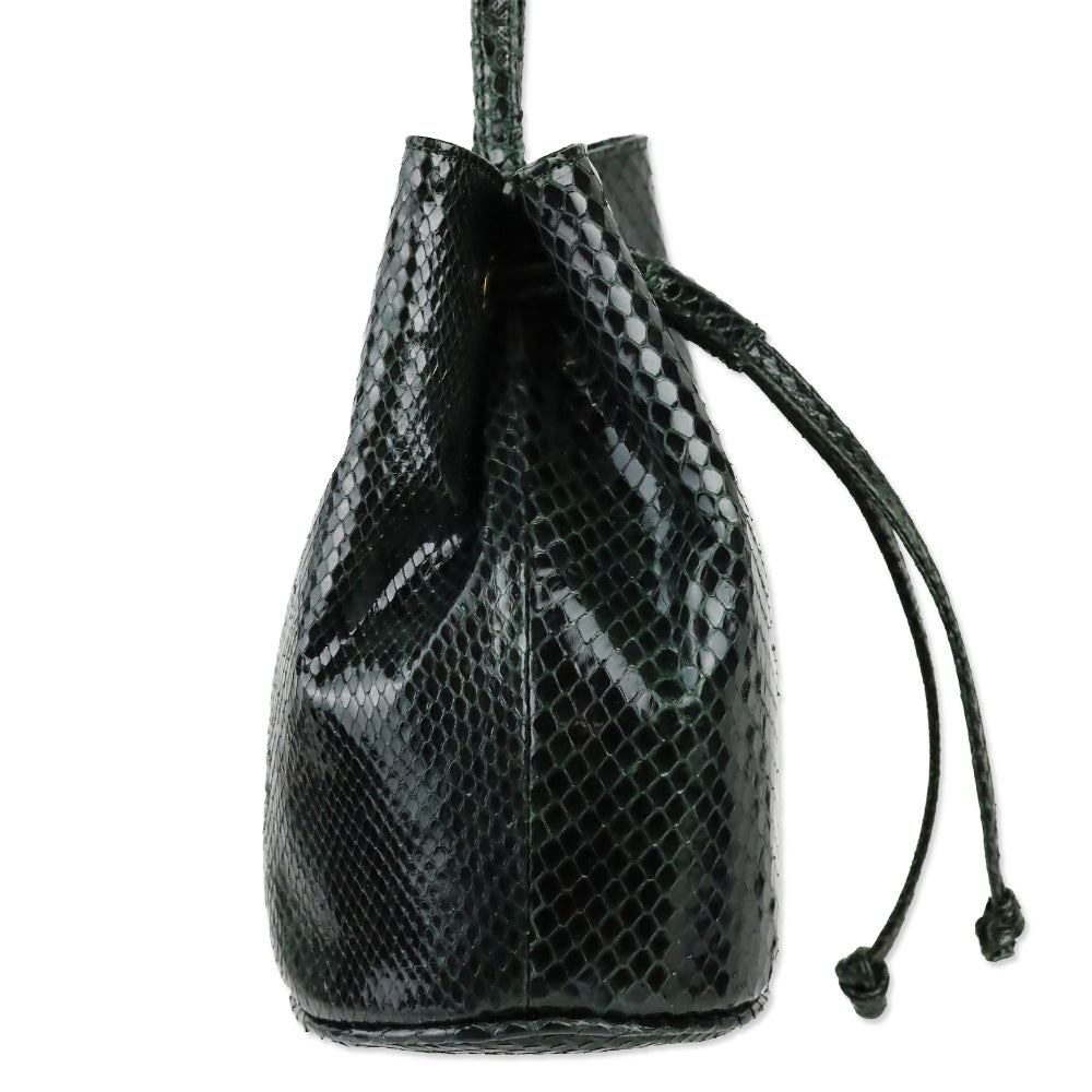 Fendi Dark Green Snakeskin Embossed Patent Leather Drawstring Bucket Crossbody Bag