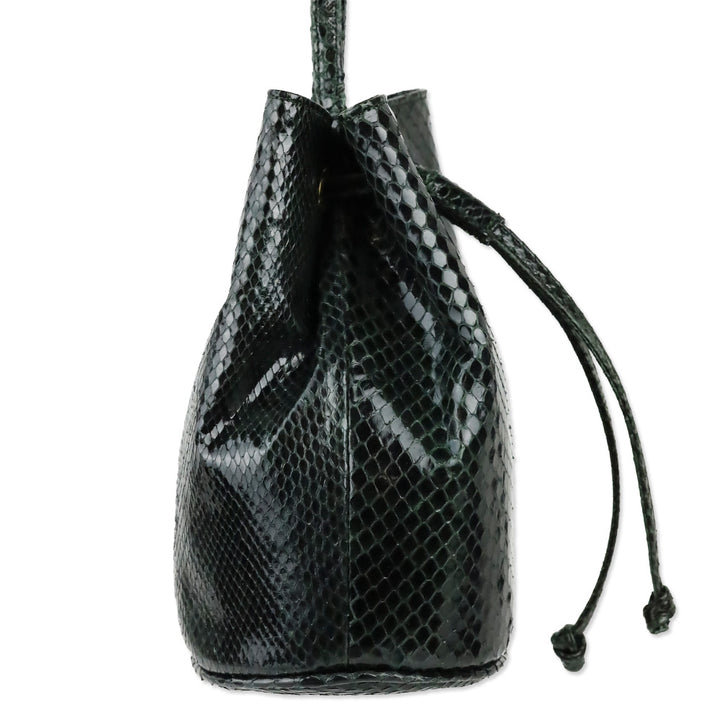 Fendi Dark Green Snakeskin Embossed Patent Leather Drawstring Bucket Crossbody Bag