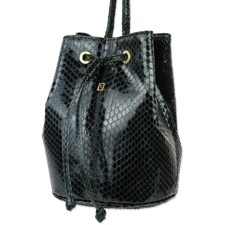 Fendi Dark Green Snakeskin Embossed Patent Leather Drawstring Bucket Crossbody Bag