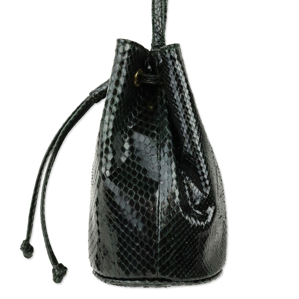 Fendi Dark Green Snakeskin Embossed Patent Leather Drawstring Bucket Crossbody Bag