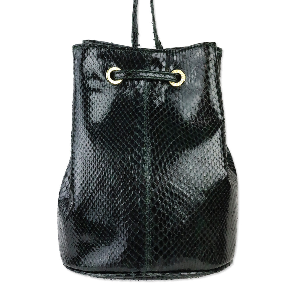 Fendi Dark Green Snakeskin Embossed Patent Leather Drawstring Bucket Crossbody Bag