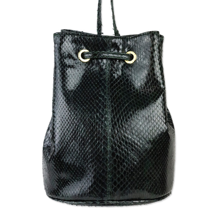 Fendi Dark Green Snakeskin Embossed Patent Leather Drawstring Bucket Crossbody Bag
