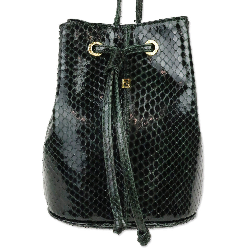 Fendi Dark Green Snakeskin Embossed Patent Leather Drawstring Bucket Crossbody Bag