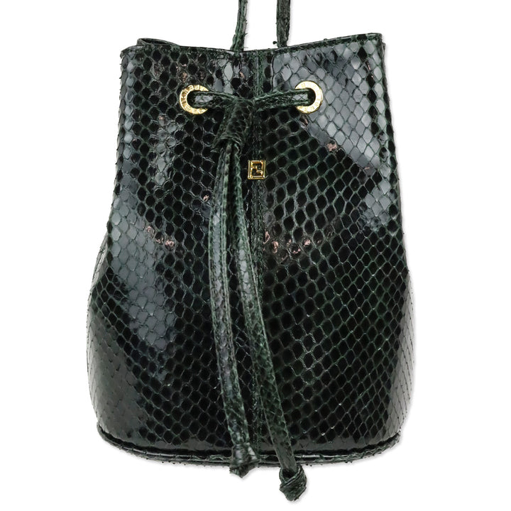 Fendi Dark Green Snakeskin Embossed Patent Leather Drawstring Bucket Crossbody Bag
