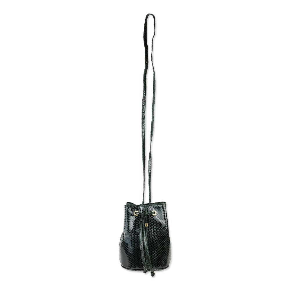 Fendi Dark Green Snakeskin Embossed Patent Leather Drawstring Bucket Crossbody Bag