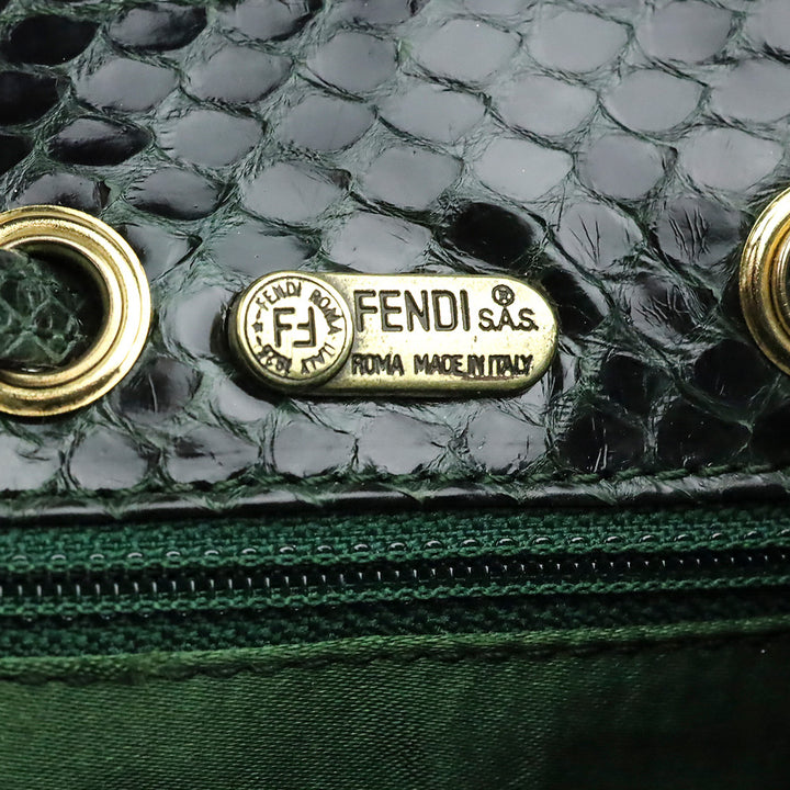 Fendi Dark Green Snakeskin Embossed Patent Leather Drawstring Bucket Crossbody Bag